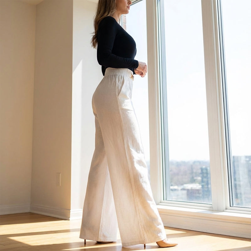 Pantalon femme taille haute à jambes larges avec détail ceinture | Taille élastique, peu froissable et léger | Élégant et polyvalent | S–2XL