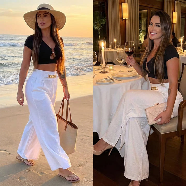 Pantalon femme taille haute à jambes larges avec détail ceinture | Taille élastique, peu froissable et léger | Élégant et polyvalent | S–2XL