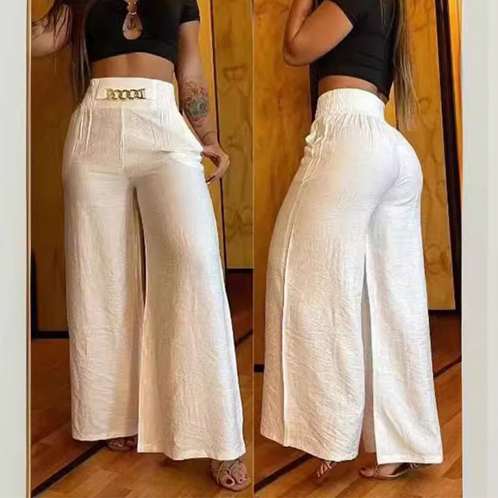 Pantalon femme taille haute à jambes larges avec détail ceinture | Taille élastique, peu froissable et léger | Élégant et polyvalent | S–2XL