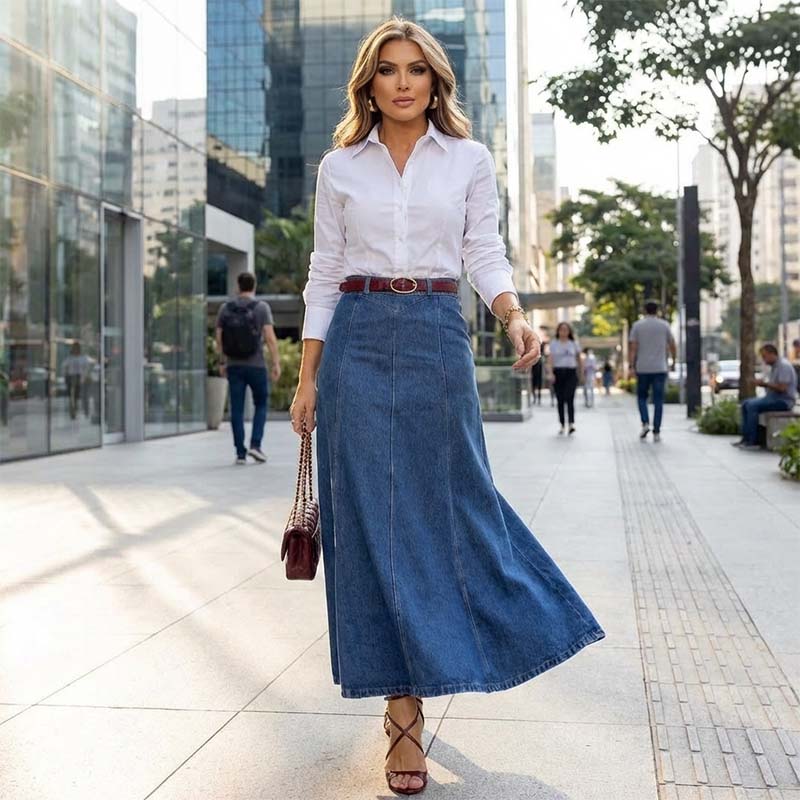 Damen Denim Maxirock High Waist in A-Linie | Formstabiler Baumwollmix, wenig Stretch | Vertikale Nähte für schlanke Optik | Blau S–2XL
