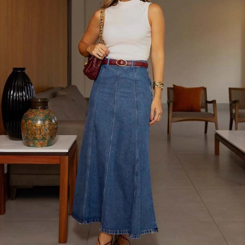 Damen Denim Maxirock High Waist in A-Linie | Formstabiler Baumwollmix, wenig Stretch | Vertikale Nähte für schlanke Optik | Blau S–2XL