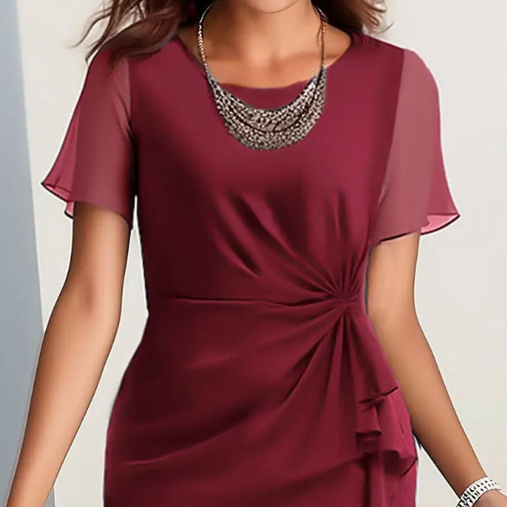 Damenkleid mit Rundhalsausschnitt | Elegantes Kurzarmkleid mit tailliertem Raffzug und locker fallendem Schnitt