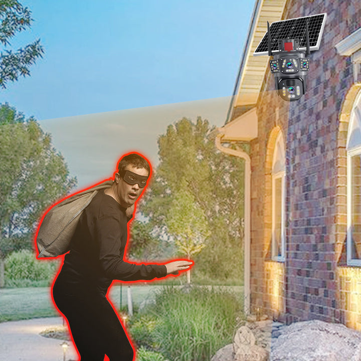 Solar WLAN Außenkamera 6K/9MP mit 360° PTZ | 3 Objektive, 10-fach Zoom &amp; Farb-Nachtsicht | Kabellose Überwachung mit IP66
