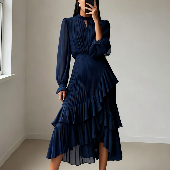 Dámske plisované midi šaty s volánovým lemom a výstrihom na kľúčik | Vypasované, elegantné a splývavé | Priehľadné dlhé rukávy | S–2XL
