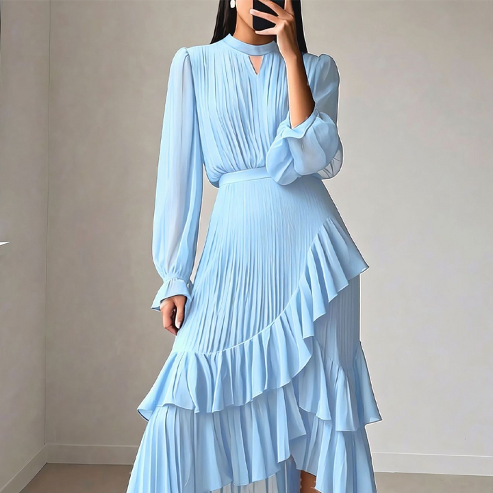 Dámske plisované midi šaty s volánovým lemom a výstrihom na kľúčik | Vypasované, elegantné a splývavé | Priehľadné dlhé rukávy | S–2XL