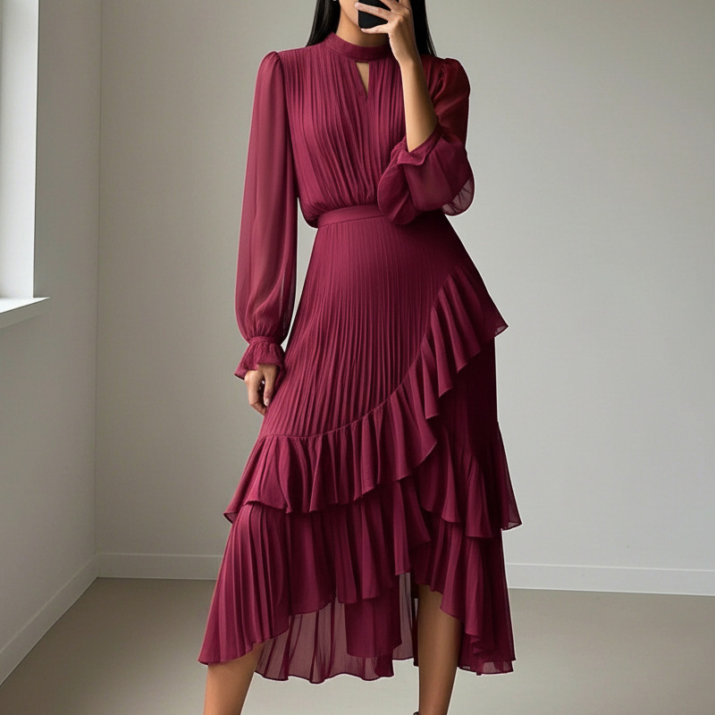 Dámske plisované midi šaty s volánovým lemom a výstrihom na kľúčik | Vypasované, elegantné a splývavé | Priehľadné dlhé rukávy | S–2XL