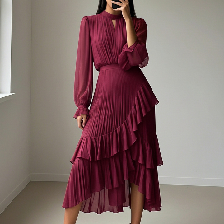 Dámske plisované midi šaty s volánovým lemom a výstrihom na kľúčik | Vypasované, elegantné a splývavé | Priehľadné dlhé rukávy | S–2XL