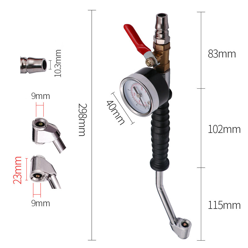 Reifenfüller mit Manometer &amp; Dual-Head Ventilkopf | Präzises Aufpumpen für Auto, Motorrad &amp; Fahrrad | Robuste Legierung, 298 mm