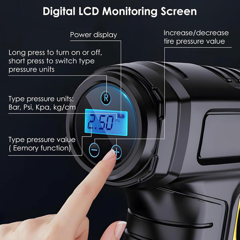 Tragbarer Luftkompressor kabellos mit Digitalanzeige | Auto-Stopp &amp; Druck-Voreinstellung | 35 L/min, LED-Licht | Für Auto, Bike &amp; Ball