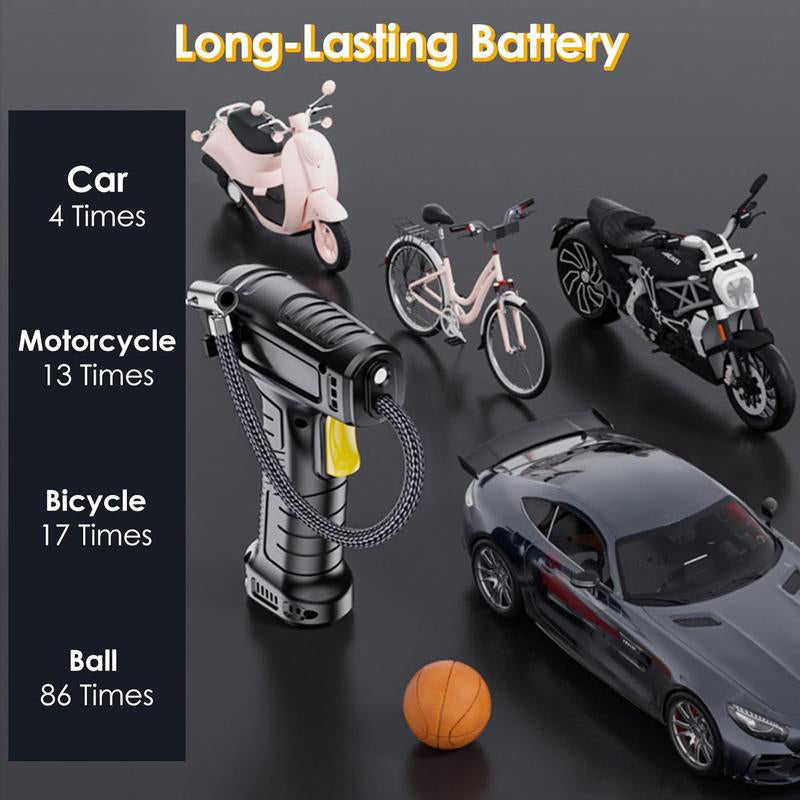Tragbarer Luftkompressor kabellos mit Digitalanzeige | Auto-Stopp &amp; Druck-Voreinstellung | 35 L/min, LED-Licht | Für Auto, Bike &amp; Ball