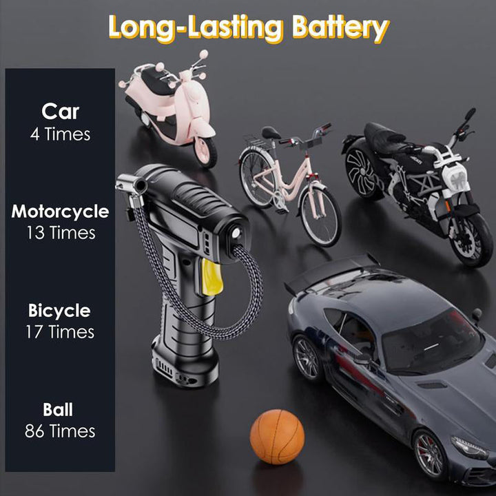 Tragbarer Luftkompressor kabellos mit Digitalanzeige | Auto-Stopp &amp; Druck-Voreinstellung | 35 L/min, LED-Licht | Für Auto, Bike &amp; Ball