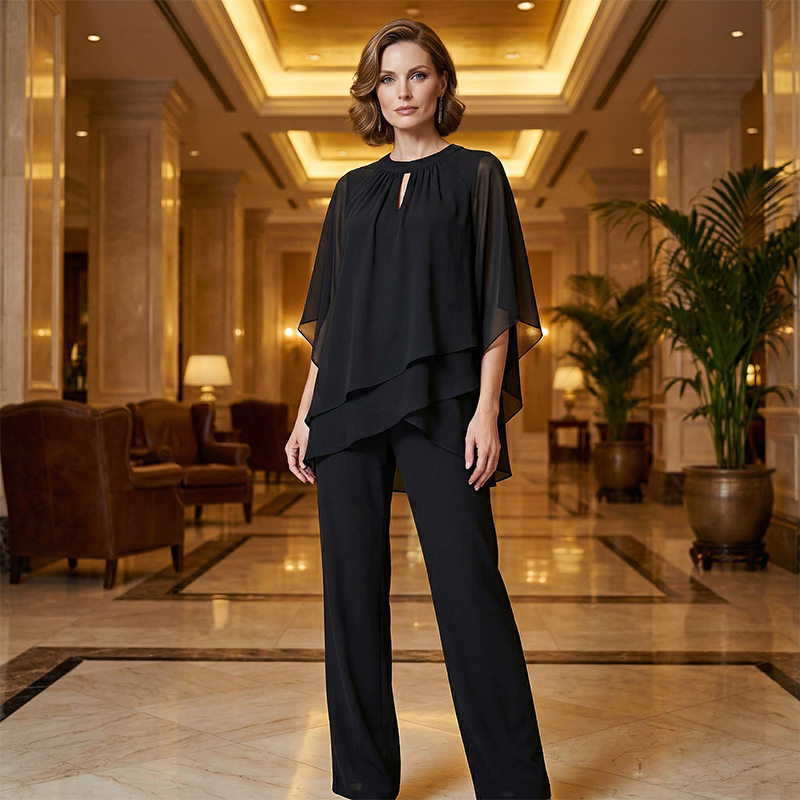 Damen Zweiteiler mit asymmetrischer Bluse | Mehrlagiges Oberteil und weite Hose mit lockerem, fließendem Schnitt