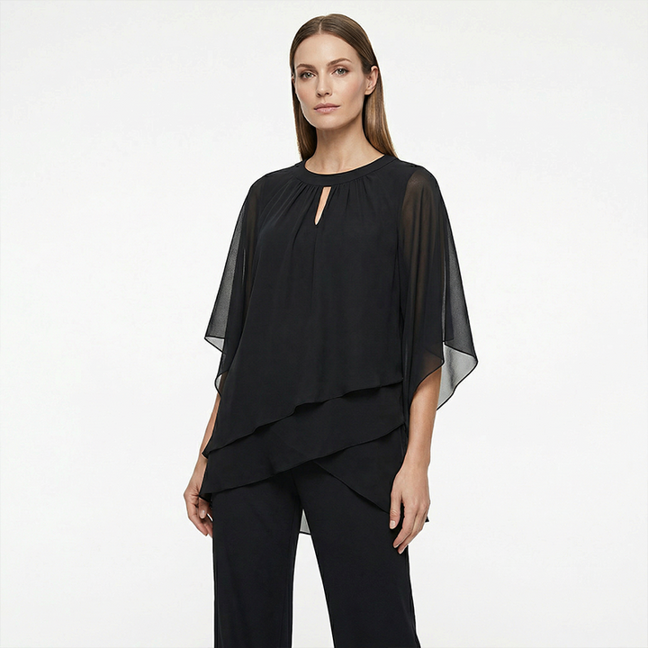 Damen Zweiteiler mit asymmetrischer Bluse | Mehrlagiges Oberteil und weite Hose mit lockerem, fließendem Schnitt