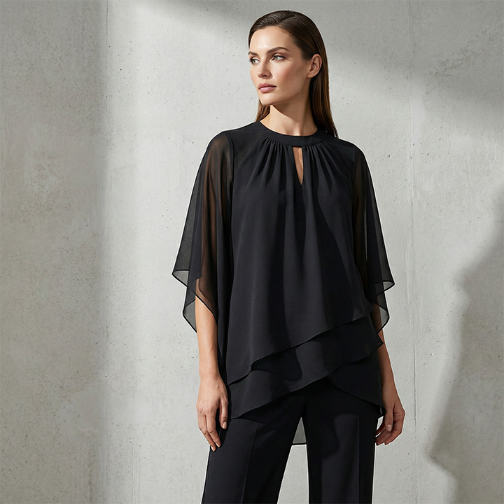 Damen Zweiteiler mit asymmetrischer Bluse | Mehrlagiges Oberteil und weite Hose mit lockerem, fließendem Schnitt