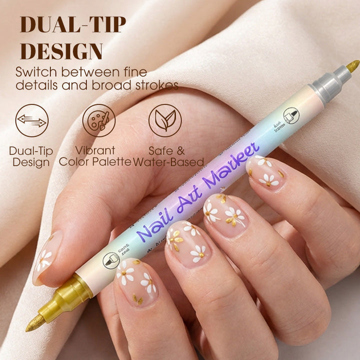 Nail art pen set with 2 tips | Fast drying, water-based | 12 or 24 colors | Without UV lamp | Optional with nail oil