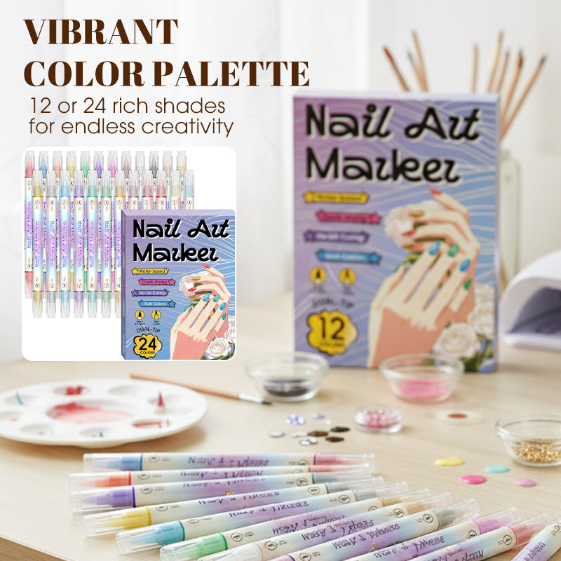 Nail art pen set with 2 tips | Fast drying, water-based | 12 or 24 colors | Without UV lamp | Optional with nail oil