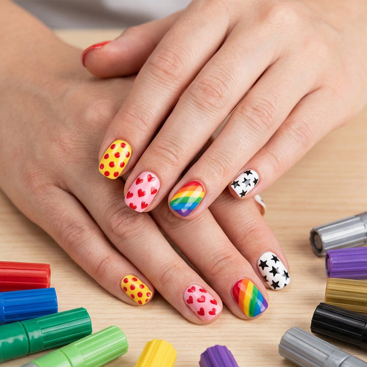 Nail art pen set with 2 tips | Fast drying, water-based | 12 or 24 colors | Without UV lamp | Optional with nail oil