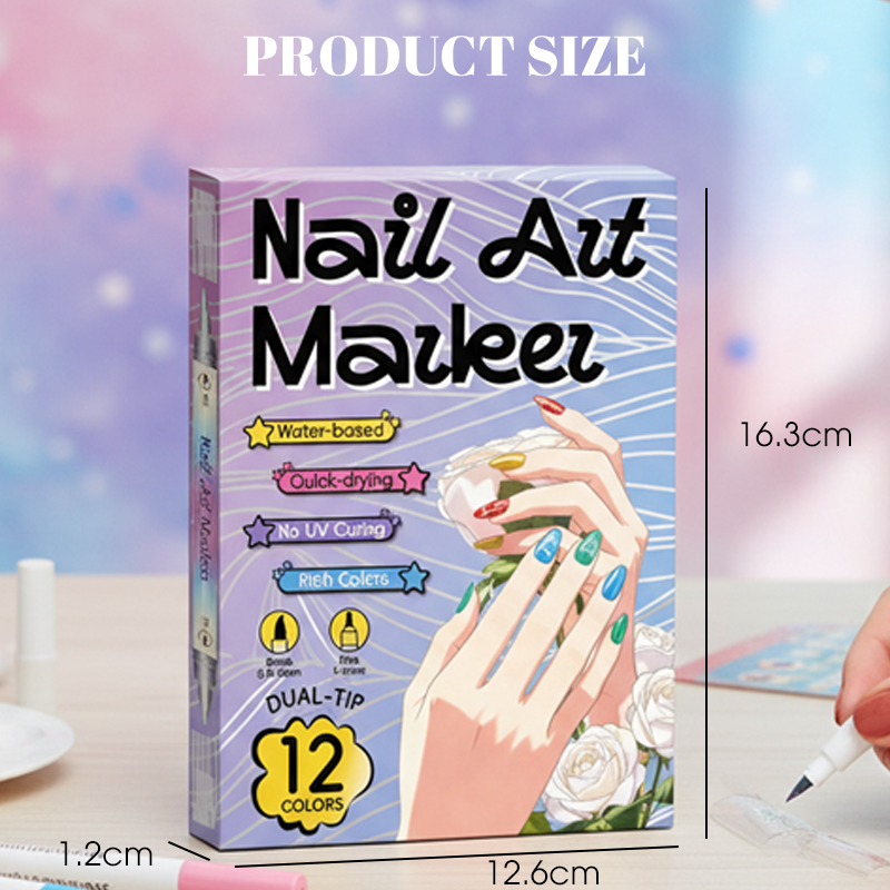 Nail art pen set with 2 tips | Fast drying, water-based | 12 or 24 colors | Without UV lamp | Optional with nail oil