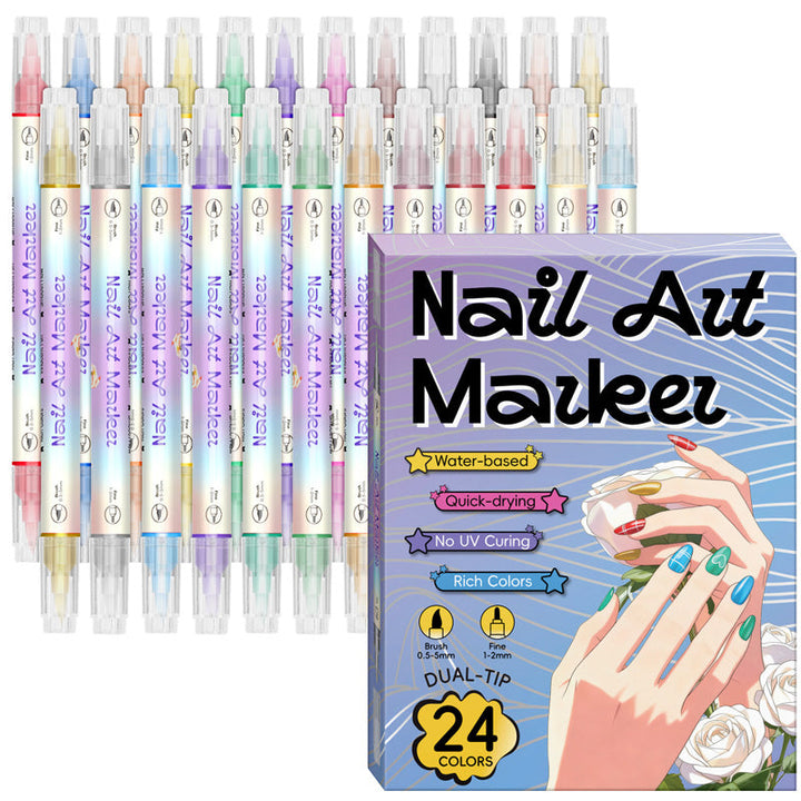 Nail art pen set with 2 tips | Fast drying, water-based | 12 or 24 colors | Without UV lamp | Optional with nail oil