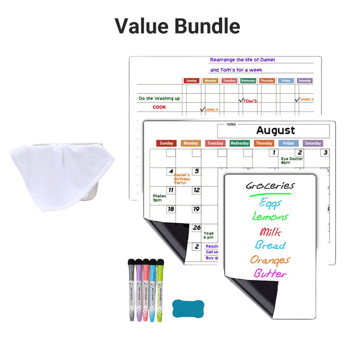 Magnetischer Kühlschrankplaner | Whiteboard-Set mit Monatsplaner, Wochenplaner, Notiztafel und 6 Markern
