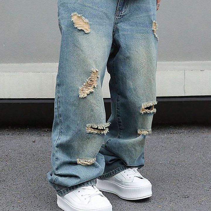 Herren Ripped Jeans in Übergröße | Lockere Straight-Leg-Jeans mit Used-Effekt &amp; weitem Schnitt für Alltag &amp; Streetwear