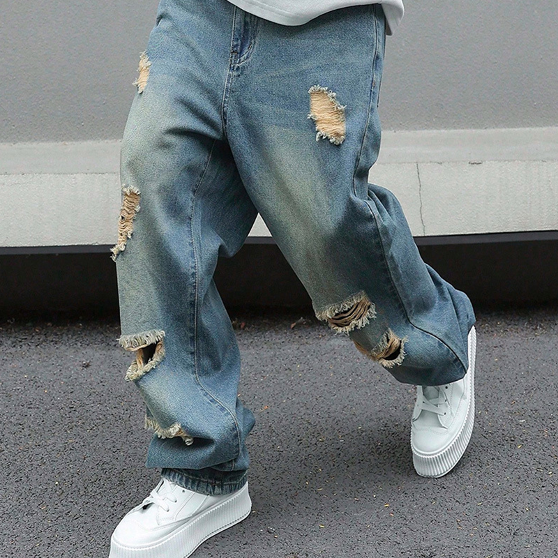 Herren Ripped Jeans in Übergröße | Lockere Straight-Leg-Jeans mit Used-Effekt &amp; weitem Schnitt für Alltag &amp; Streetwear