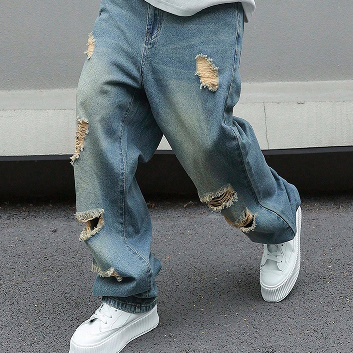 Herren Ripped Jeans in Übergröße | Lockere Straight-Leg-Jeans mit Used-Effekt &amp; weitem Schnitt für Alltag &amp; Streetwear