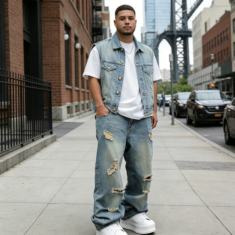 Herren Ripped Jeans in Übergröße | Lockere Straight-Leg-Jeans mit Used-Effekt &amp; weitem Schnitt für Alltag &amp; Streetwear