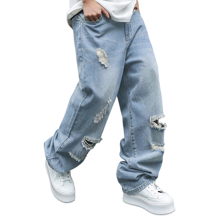 Herren Ripped Jeans in Übergröße | Lockere Straight-Leg-Jeans mit Used-Effekt &amp; weitem Schnitt für Alltag &amp; Streetwear