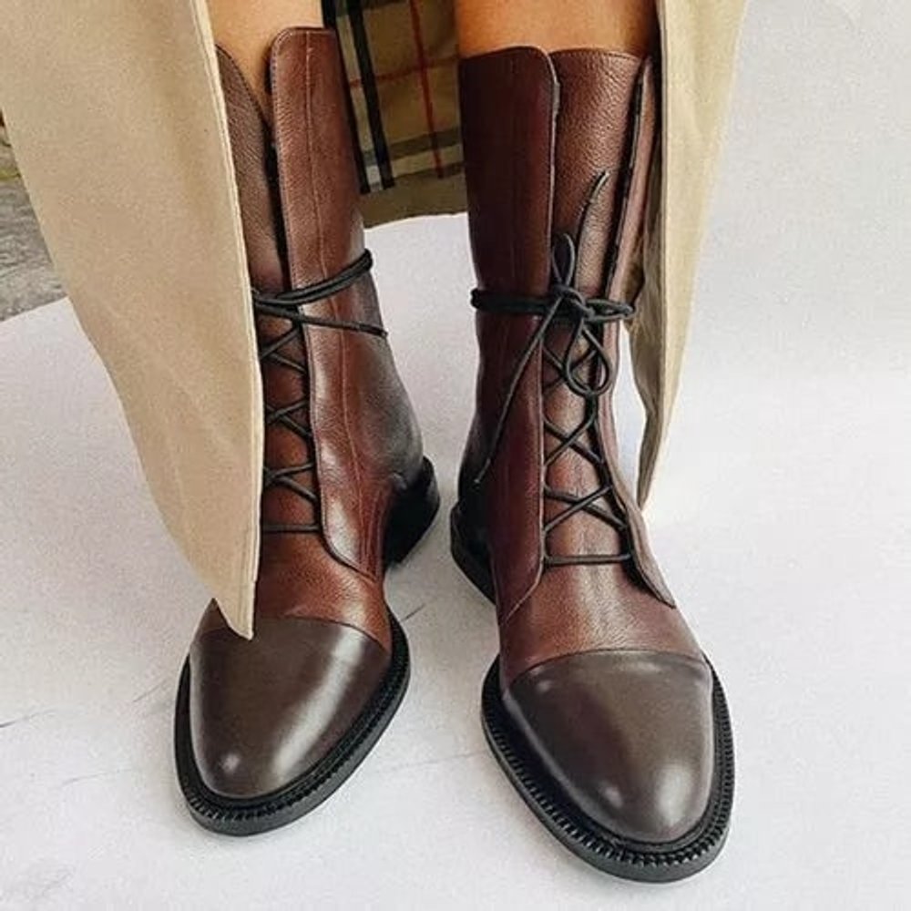 Damen Stiefeletten aus Kunstleder | Vintage Schnürboots mit rutschfester Gummisohle, herausnehmbarer Innensohle und Baumwollfutter