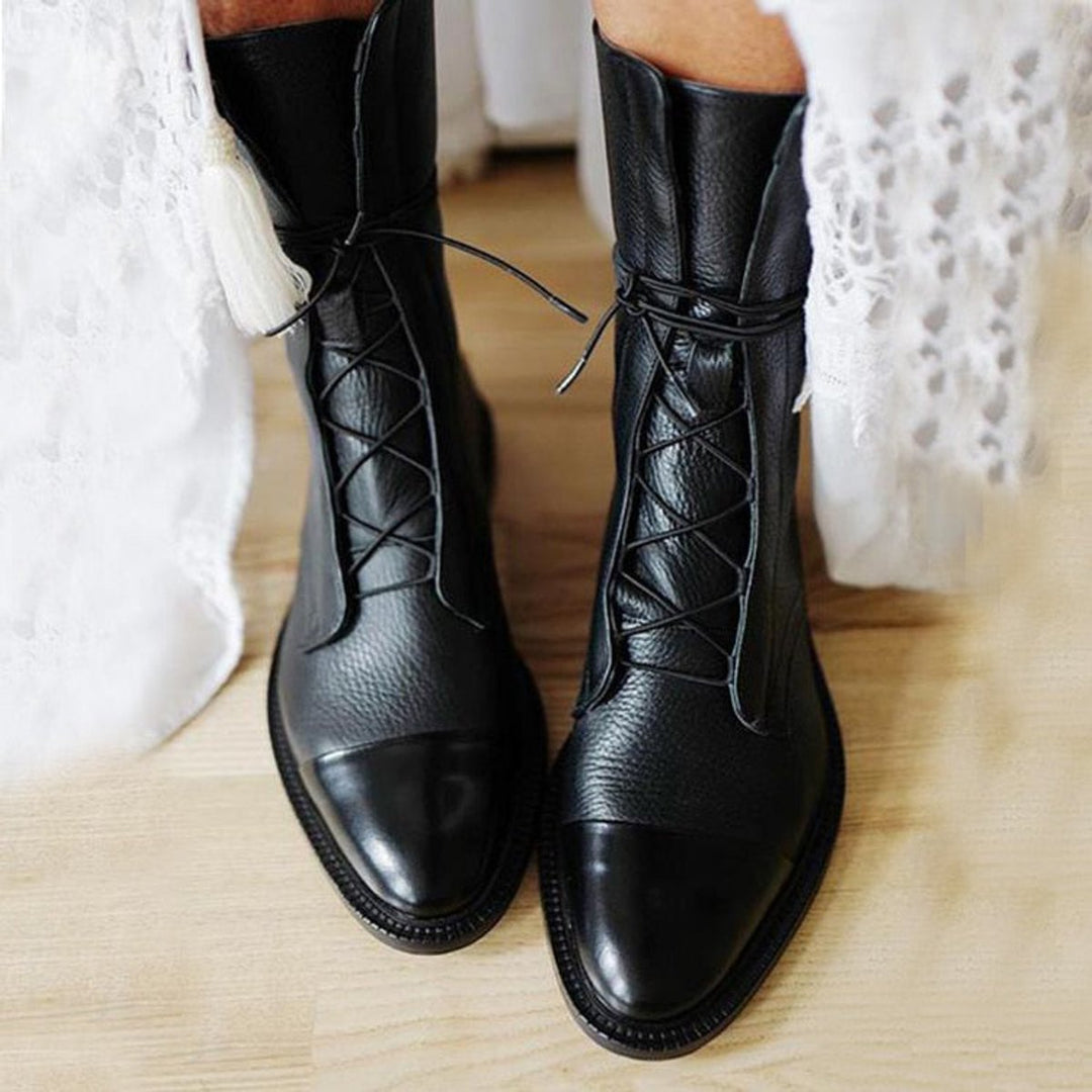 Damen Stiefeletten aus Kunstleder | Vintage Schnürboots mit rutschfester Gummisohle, herausnehmbarer Innensohle und Baumwollfutter