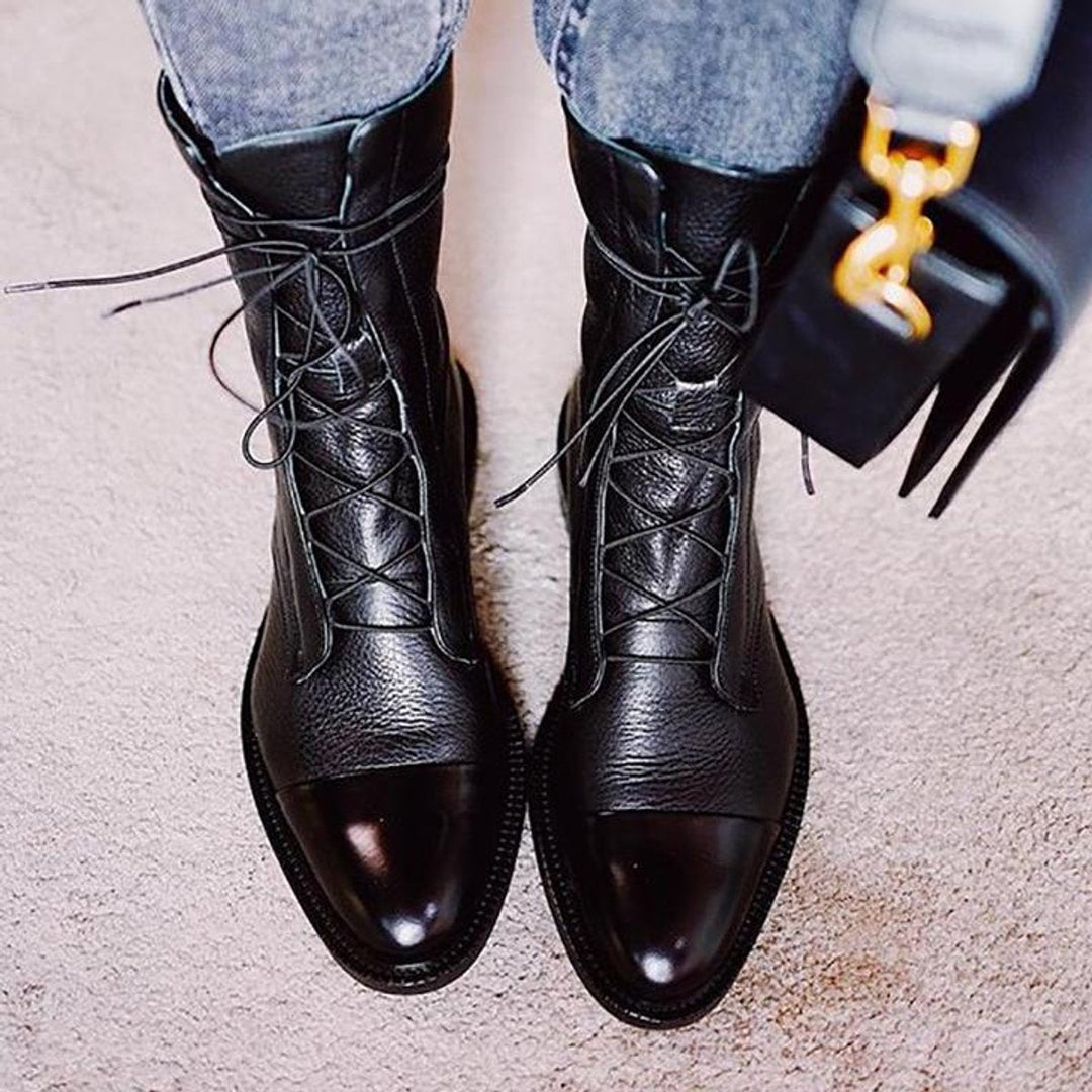 Damen Stiefeletten aus Kunstleder | Vintage Schnürboots mit rutschfester Gummisohle, herausnehmbarer Innensohle und Baumwollfutter