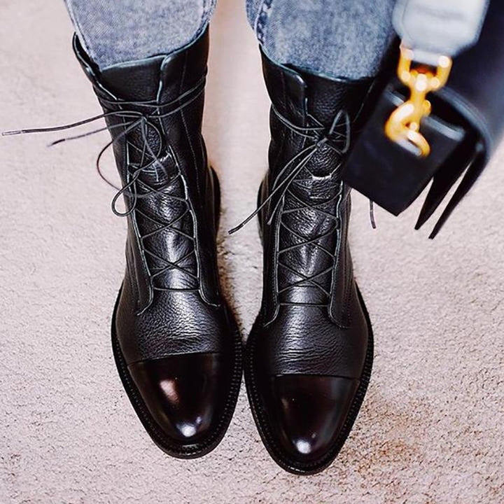 Damen Stiefeletten aus Kunstleder | Vintage Schnürboots mit rutschfester Gummisohle, herausnehmbarer Innensohle und Baumwollfutter