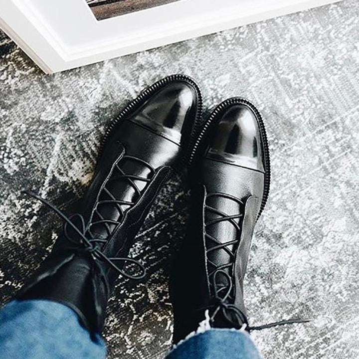 Damen Stiefeletten aus Kunstleder | Vintage Schnürboots mit rutschfester Gummisohle, herausnehmbarer Innensohle und Baumwollfutter