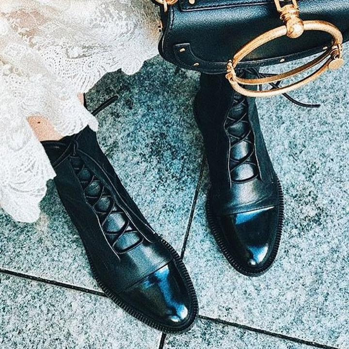 Damen Stiefeletten aus Kunstleder | Vintage Schnürboots mit rutschfester Gummisohle, herausnehmbarer Innensohle und Baumwollfutter