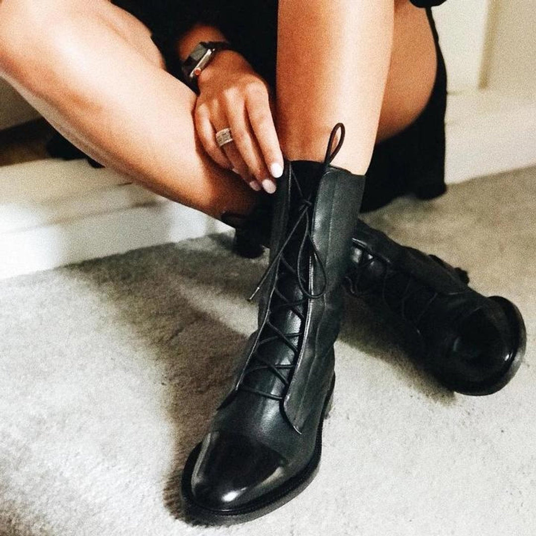 Damen Stiefeletten aus Kunstleder | Vintage Schnürboots mit rutschfester Gummisohle, herausnehmbarer Innensohle und Baumwollfutter