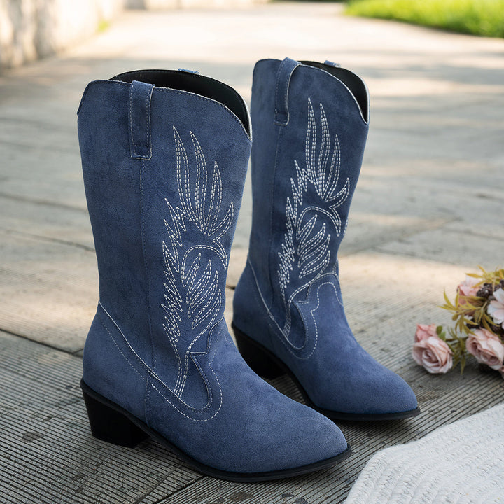 Damen Weitschaft Cowboystiefel | Westernstiefel mit Stickerei und Blockabsatz | Spitze Zehenpartie für breite Waden