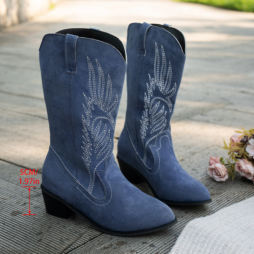 Damen Weitschaft Cowboystiefel | Westernstiefel mit Stickerei und Blockabsatz | Spitze Zehenpartie für breite Waden