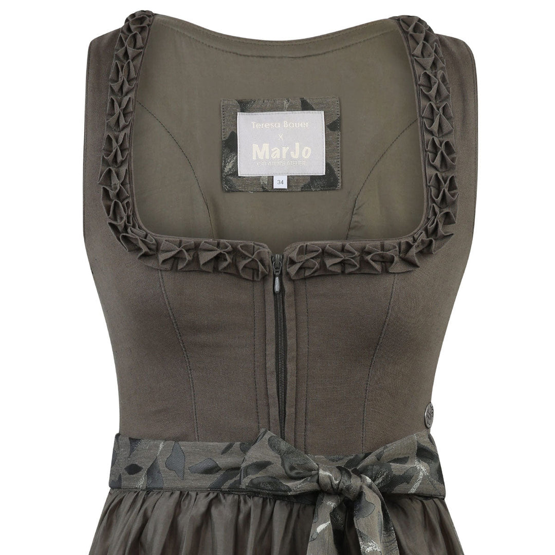 Damen Dirndl Olivgrün | Midi Trachtenkleid mit Froschmaulrüschen-Borte, Reißverschluss und 70 cm Rocklänge