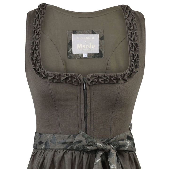 Damen Dirndl Olivgrün | Midi Trachtenkleid mit Froschmaulrüschen-Borte, Reißverschluss und 70 cm Rocklänge