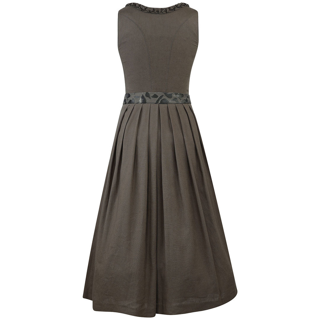 Damen Dirndl Olivgrün | Midi Trachtenkleid mit Froschmaulrüschen-Borte, Reißverschluss und 70 cm Rocklänge