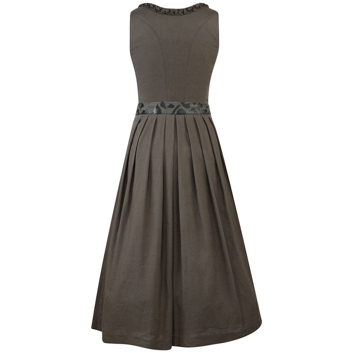 Damen Dirndl Olivgrün | Midi Trachtenkleid mit Froschmaulrüschen-Borte, Reißverschluss und 70 cm Rocklänge