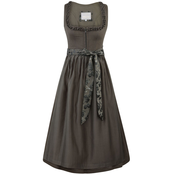 Damen Dirndl Olivgrün | Midi Trachtenkleid mit Froschmaulrüschen-Borte, Reißverschluss und 70 cm Rocklänge
