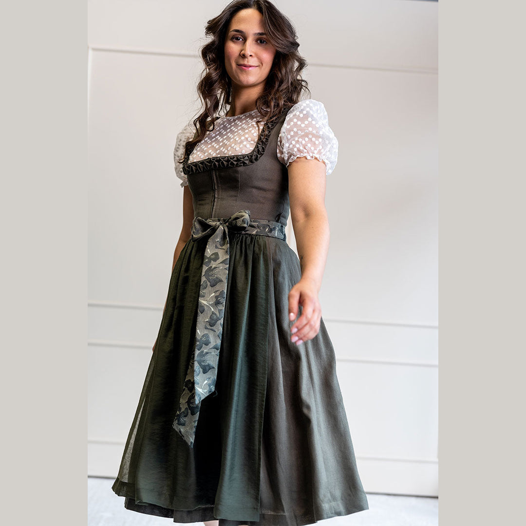 Damen Dirndl Olivgrün | Midi Trachtenkleid mit Froschmaulrüschen-Borte, Reißverschluss und 70 cm Rocklänge