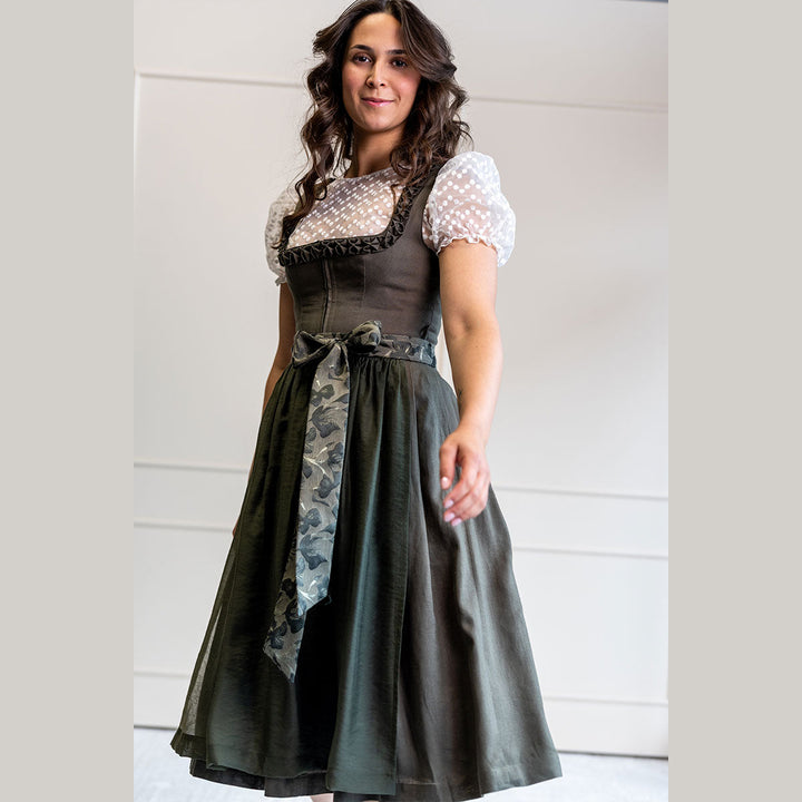 Damen Dirndl Olivgrün | Midi Trachtenkleid mit Froschmaulrüschen-Borte, Reißverschluss und 70 cm Rocklänge