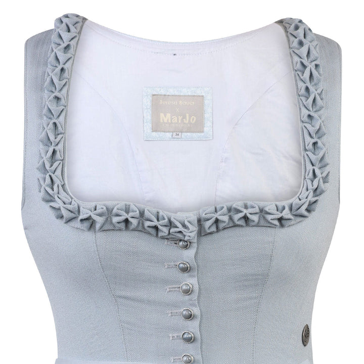 Damen Dirndl Hellblau | Midi Trachtenkleid mit Knopfleiste, Froschgoscherl-Borte und 70 cm Rocklänge