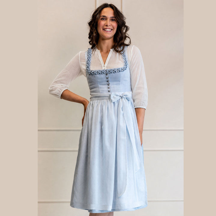 Damen Dirndl Hellblau | Midi Trachtenkleid mit Knopfleiste, Froschgoscherl-Borte und 70 cm Rocklänge