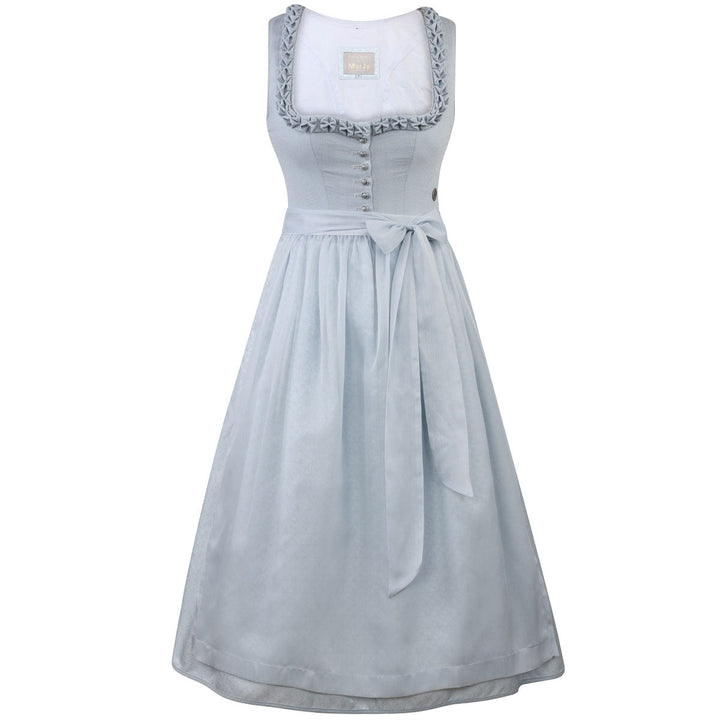 Damen Dirndl Hellblau | Midi Trachtenkleid mit Knopfleiste, Froschgoscherl-Borte und 70 cm Rocklänge