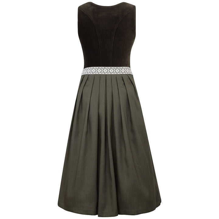 Damen Dirndl Moosgrün | Midi Samtdirndl mit Perlenknöpfen, Fischgrät-Schürze und 70 cm Rocklänge