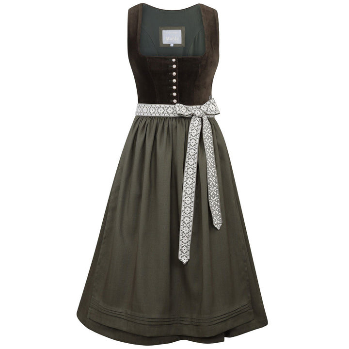 Damen Dirndl Moosgrün | Midi Samtdirndl mit Perlenknöpfen, Fischgrät-Schürze und 70 cm Rocklänge